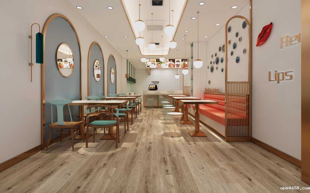 竞技宝APP最新版地板和石晶墙板一体化餐饮店装修效果图